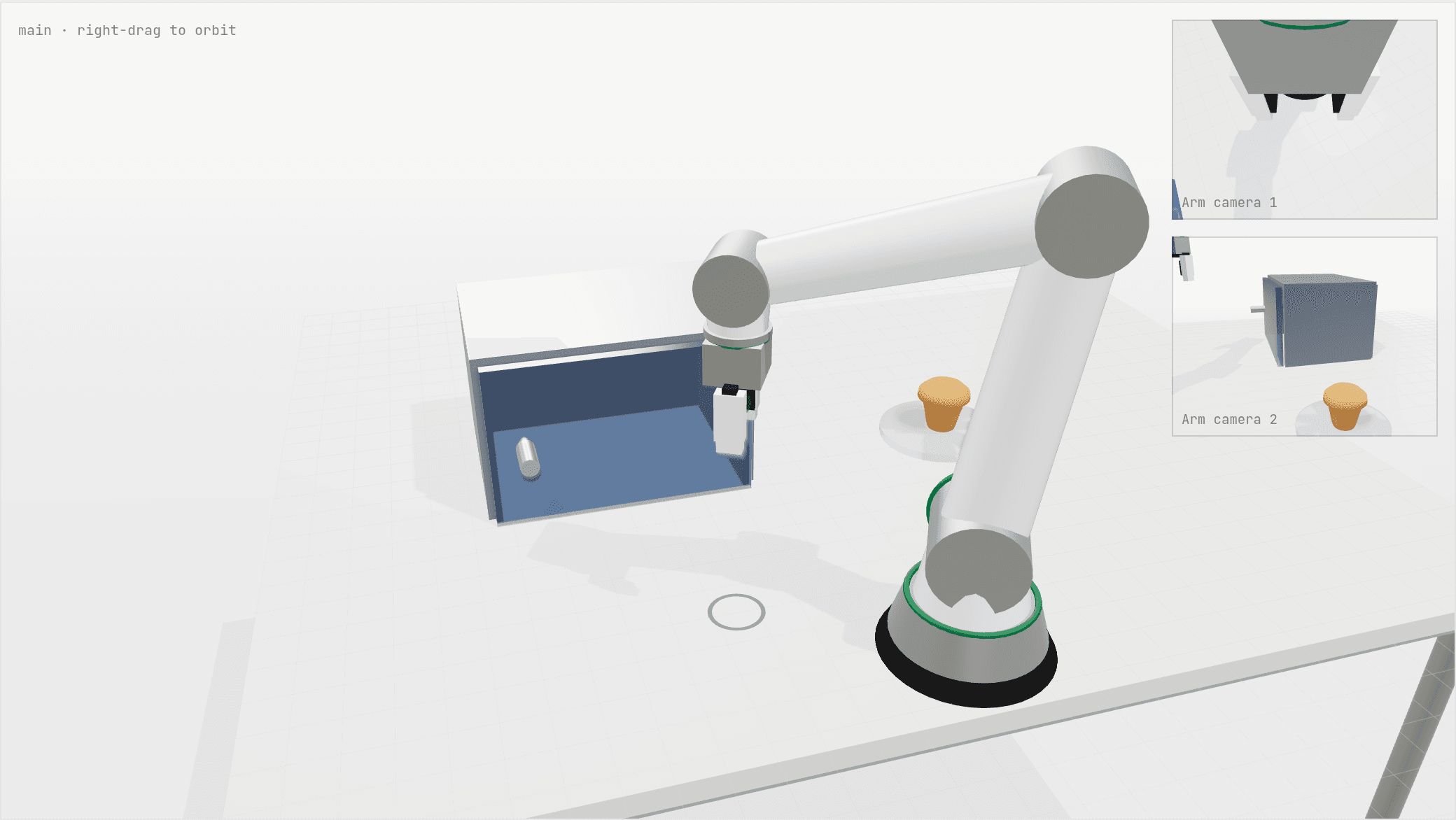 The Robin Robotics simulator: a six axis arm at a bench with the microwave door open and the muffin on its plate